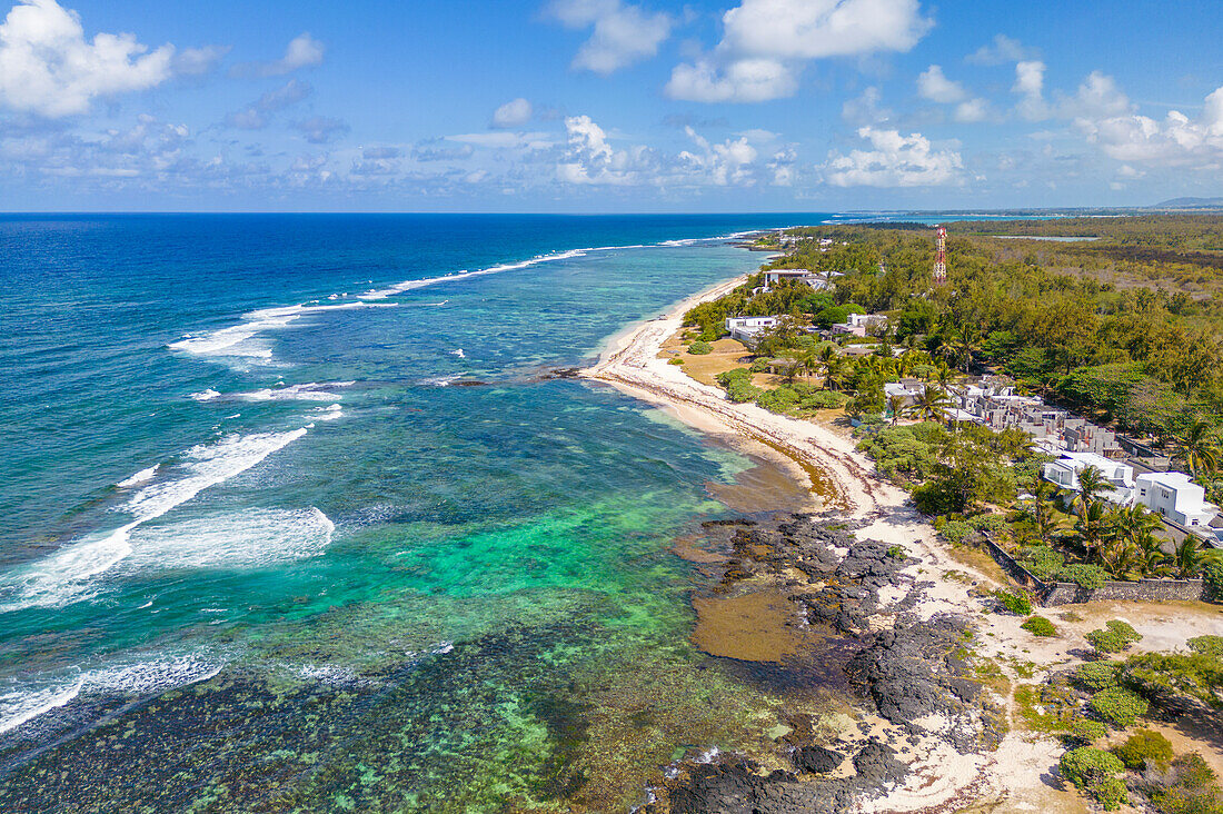 Aerial view of coastline near Poste La Fayette Public Beach, Mauritius, Indian Ocean, Africa