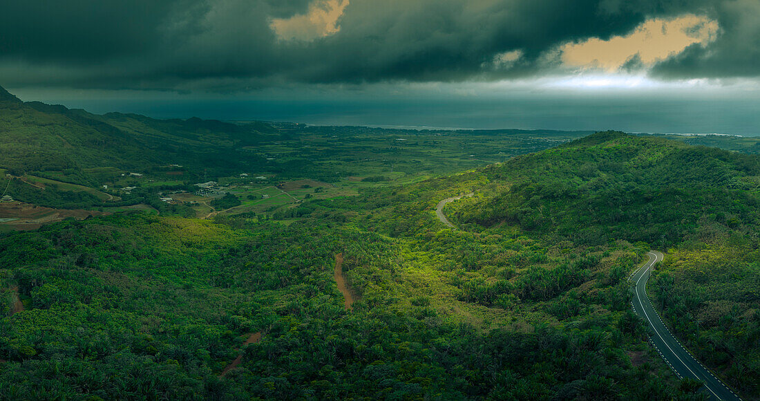 Aerial view of road through Black River Gorges National Park, Mauritius, Indian Ocean, Africa