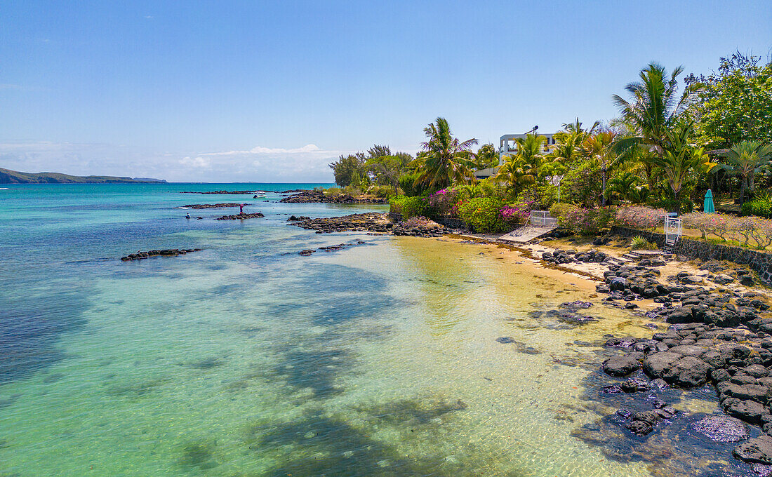 Aerial view of coastline, beach and turquoise water at Cap Malheureux, Mauritius, Indian Ocean, Africa