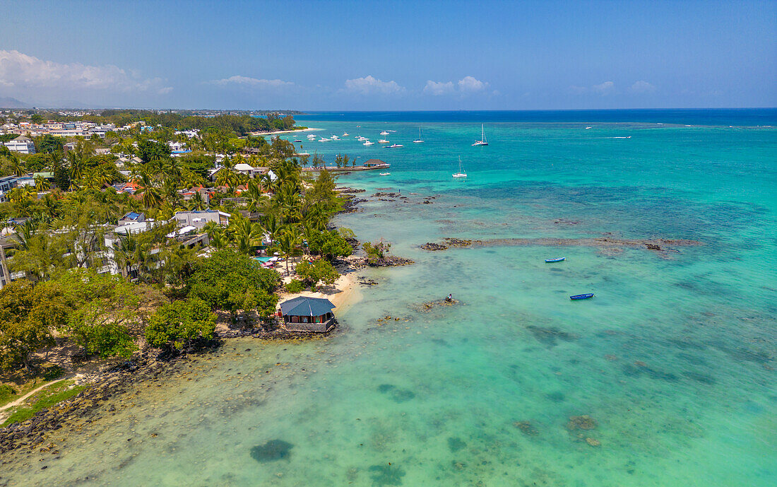 Aerial view of beach and turquoise water at Le Clos Choisy, Mauritius, Indian Ocean, Africa