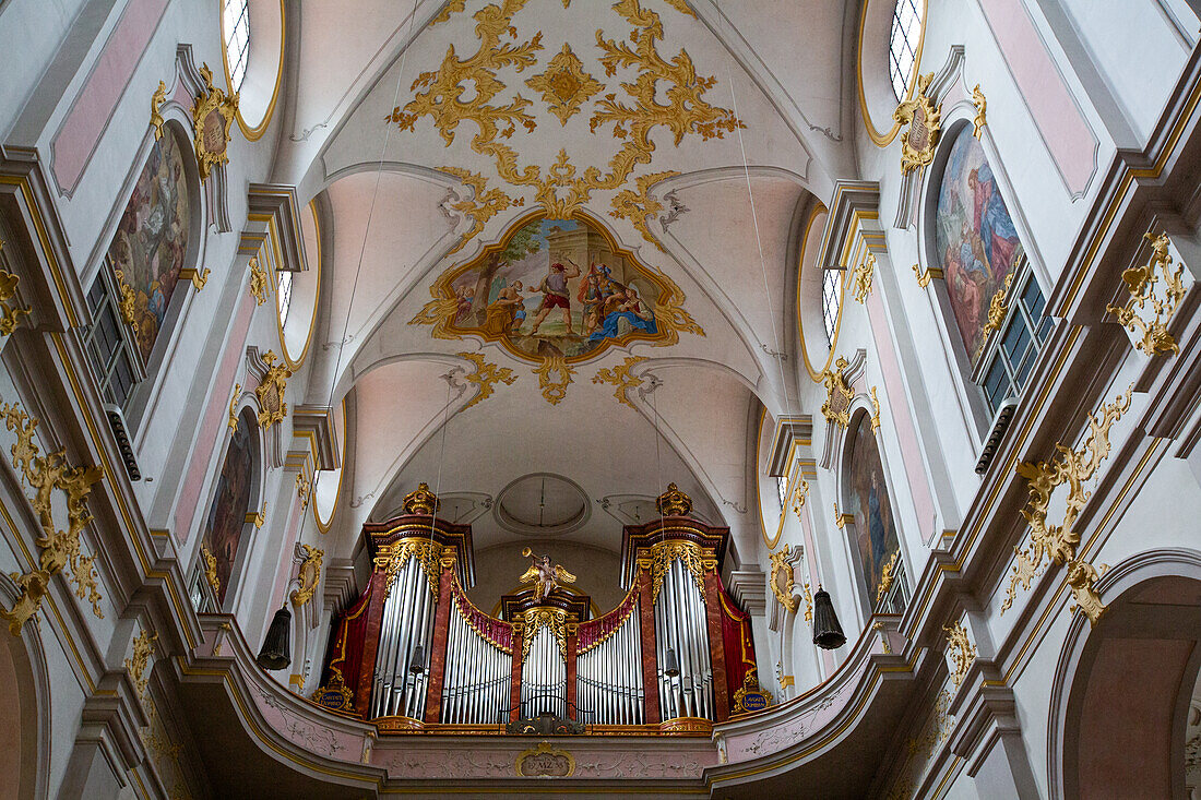 Pipe Organ, Ceiling Frescoes, Church of St. Peter, Old Town, Munich, Bavaria, Germany, Europe
