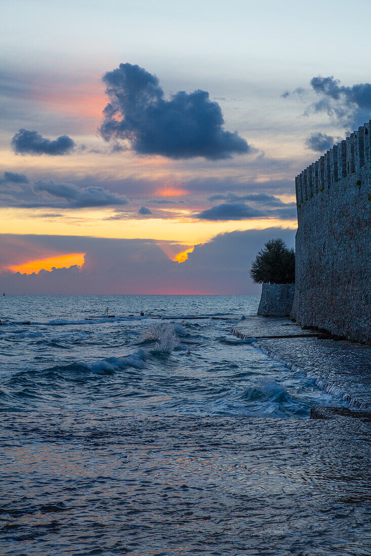 Sunset, Outer Wall on the right, Old Town, Novigrad, Croatia, Europe