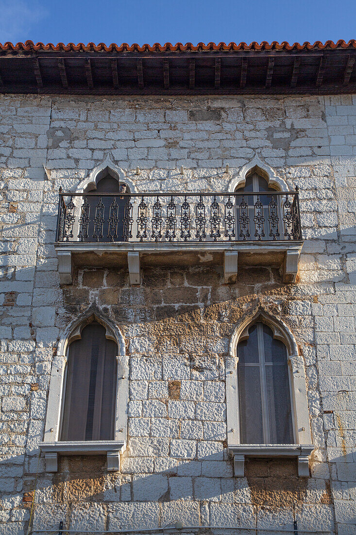 Windows in a stone building, Old Town, Porec, Croatia, Europe