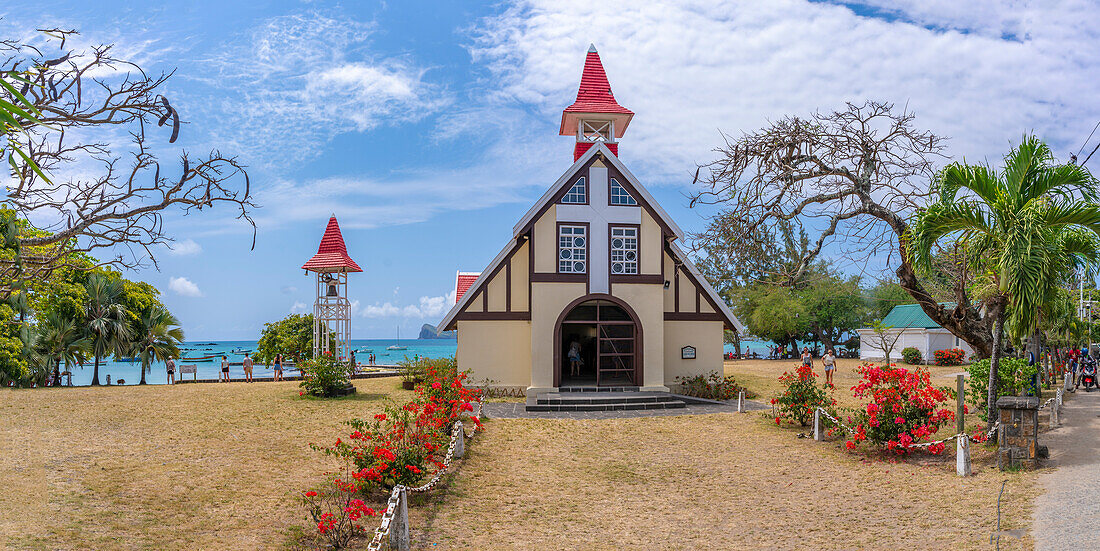 View of Notre-Dame Auxiliatrice de Cap Malheureux on sunny day in Cap Malheureux, Mauritius, Indian Ocean, Africa