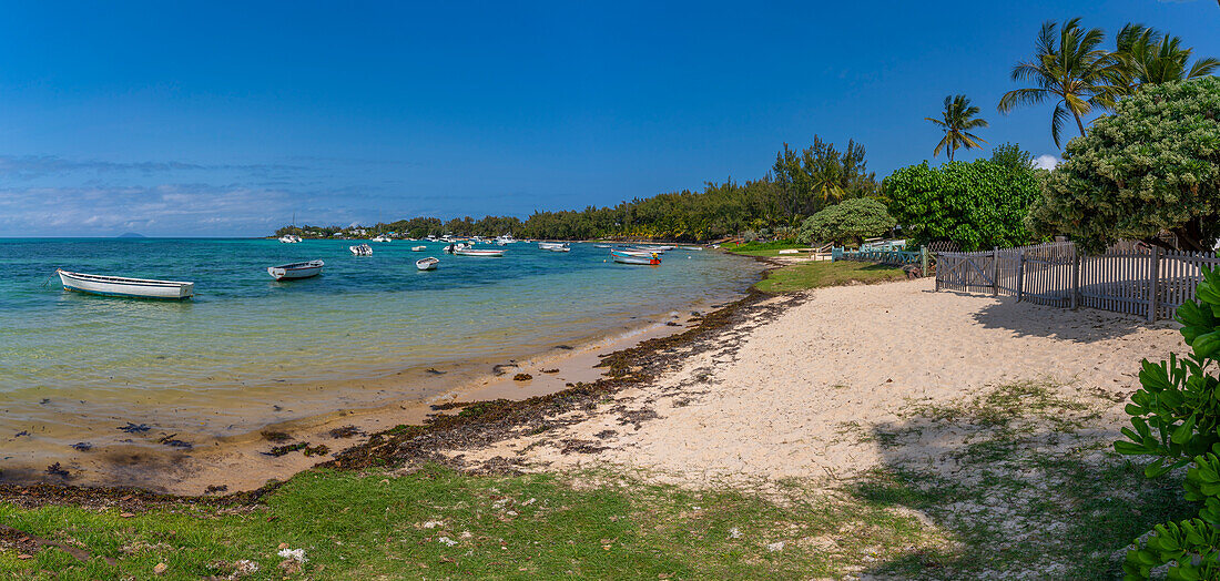 View of beach and turquoise Indian Ocean on sunny day in Cap Malheureux, Mauritius, Indian Ocean, Africa