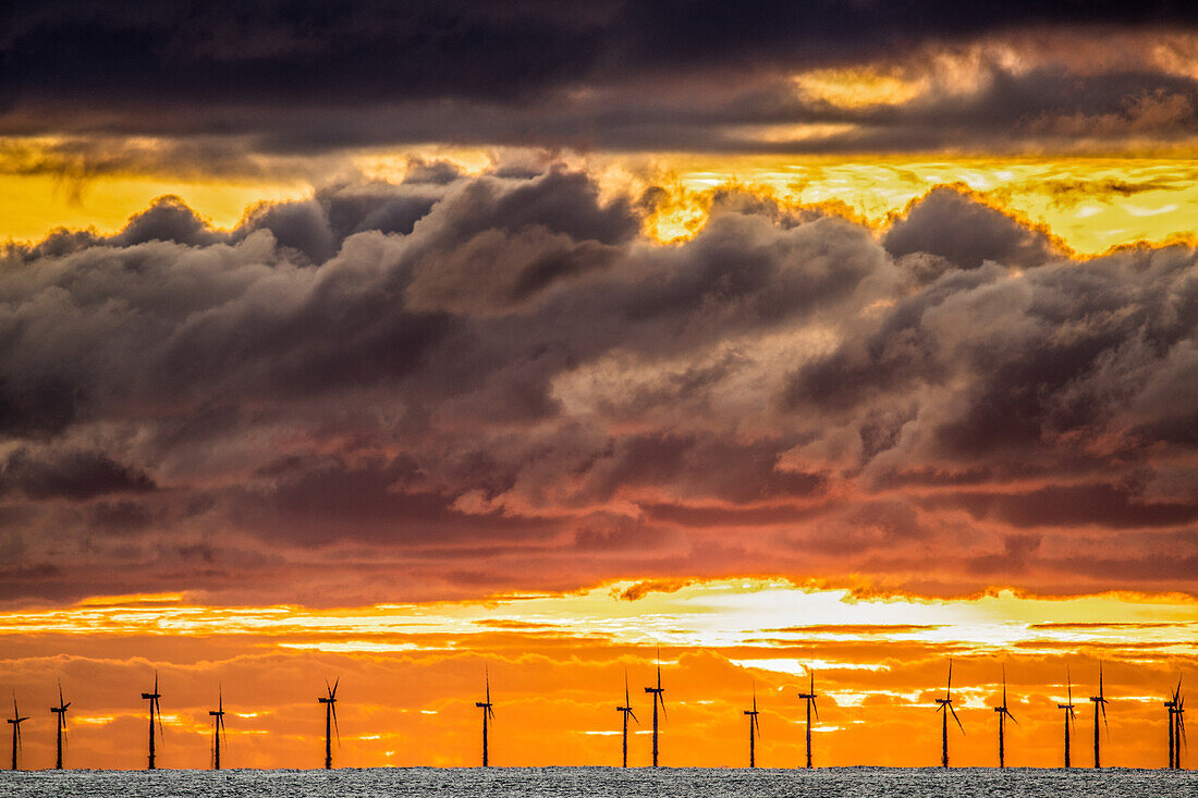 Blick bei Sonnenuntergang von der Insel Walney über den Irischen Ozean auf den weit entfernten Offshore-Windpark Walney, Cumbrian Coast, Cumbria, England, Vereinigtes Königreich, Europa