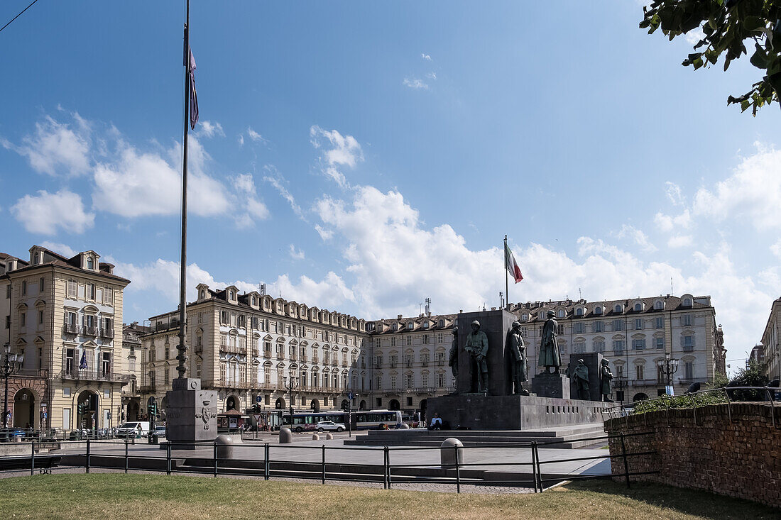 View of the monument to Emanuele Filiberto Duke of D'Aosta located in Piazza Castello, a prominent city square housing several landmarks, museums, theaters and cafes, Turin, Piedmont, Italy, Europe