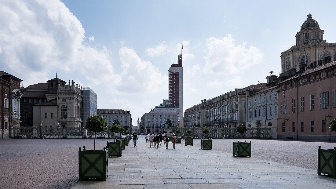 View towards Via Roma, with the Torre Littoria in the background, from Piazza Castello, a prominent city square in the historic center of the city of Turin, Piedmont, Italy, Europe