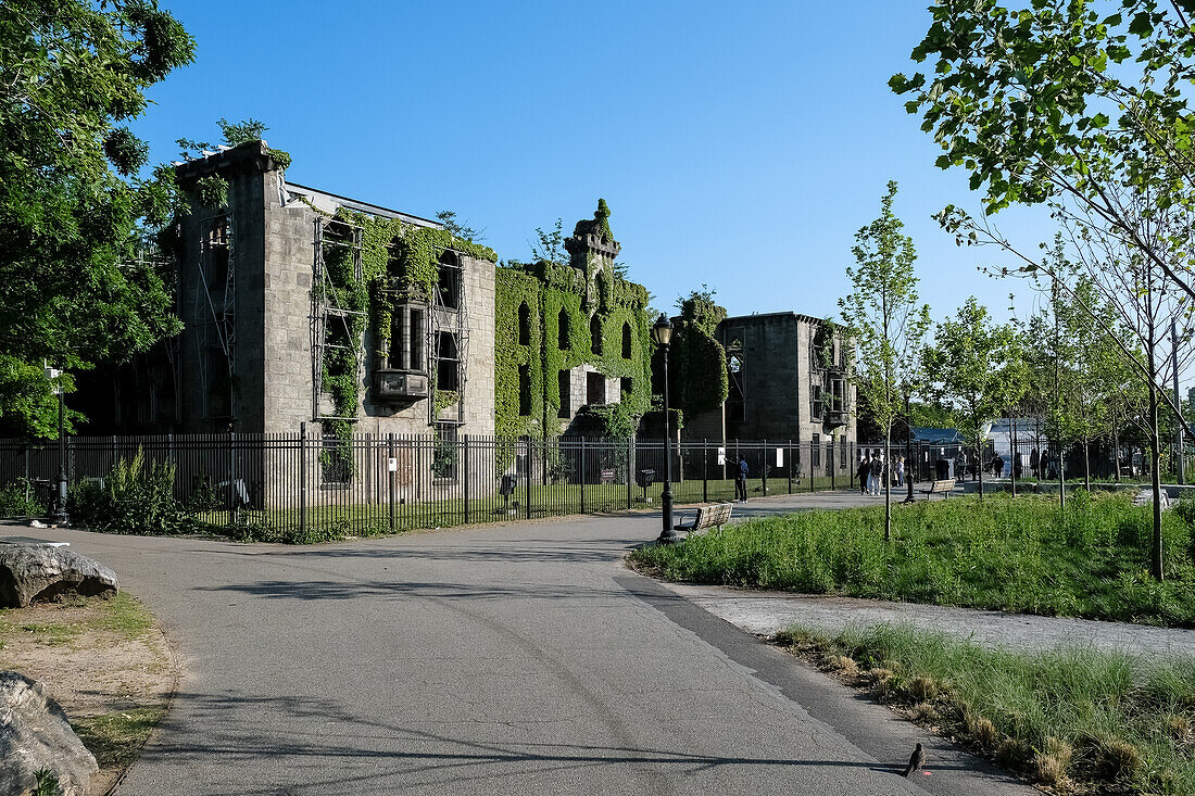 Blick auf das Pockenkrankenhaus, ein historisches, verlassenes Krankenhaus auf Roosevelt Island, einer Insel im East River, im Stadtbezirk Manhattan, New York City, Vereinigte Staaten von Amerika, Nordamerika