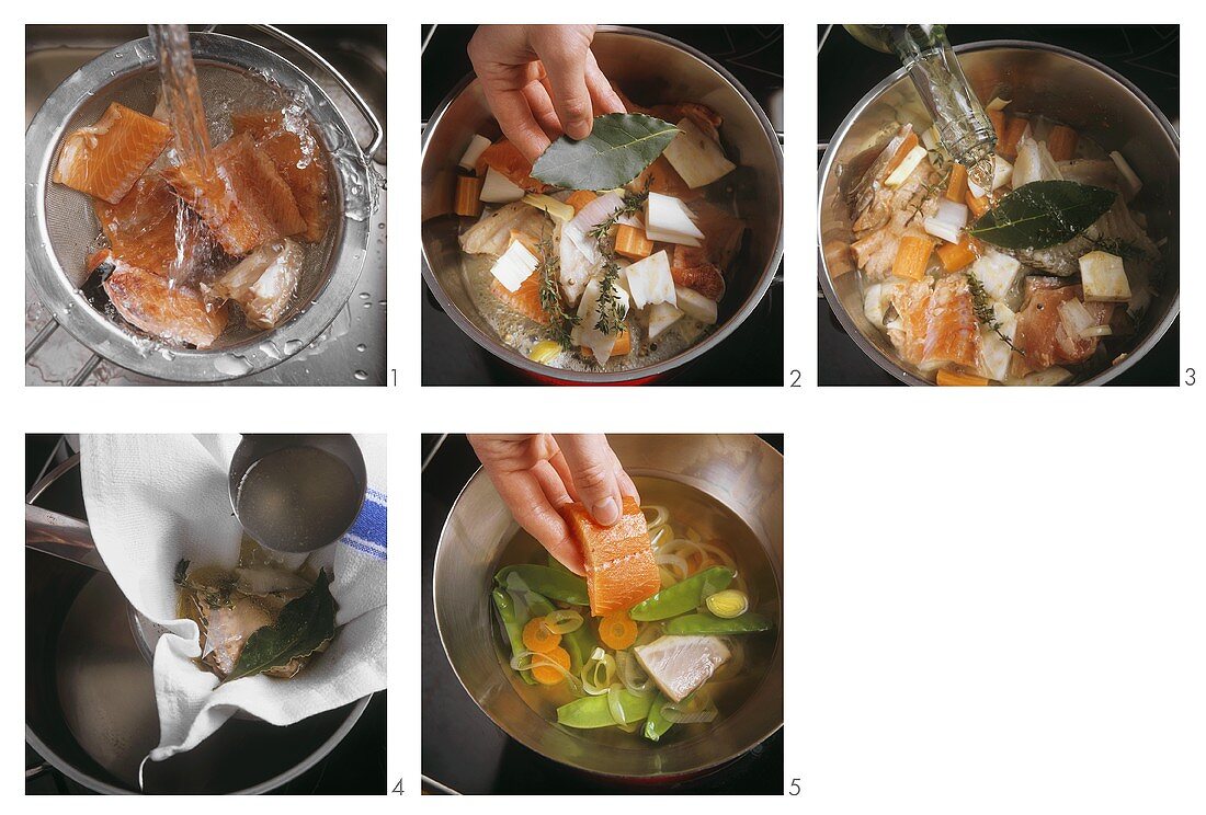 Preparing pot au feu with freshwater fish (with fish stock)