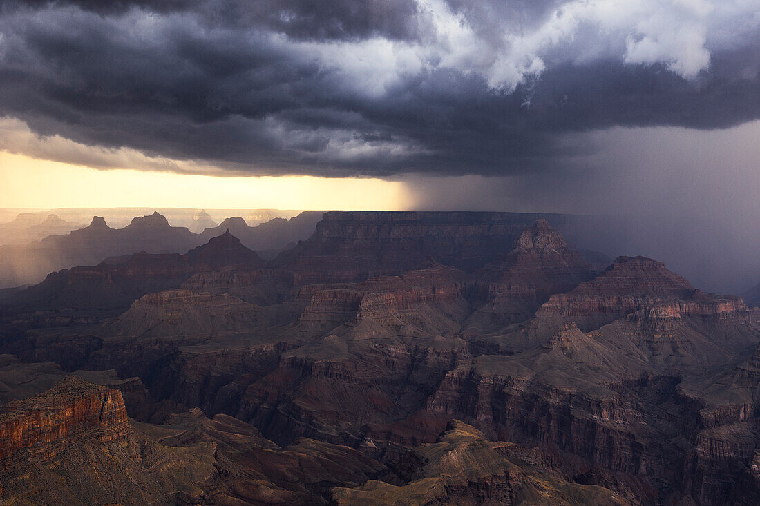 A storm passes through the Grand Canyon during a summer day, Tusayan, Arizona, United States of America, North America