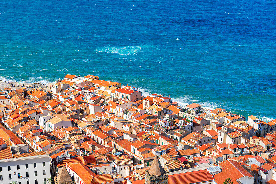 The old fishing village of Cefalu with red roofs and white houses seen from above, Palermo province, Tyrrhenian Sea, Sicily, Italy, Mediterranean, Europe