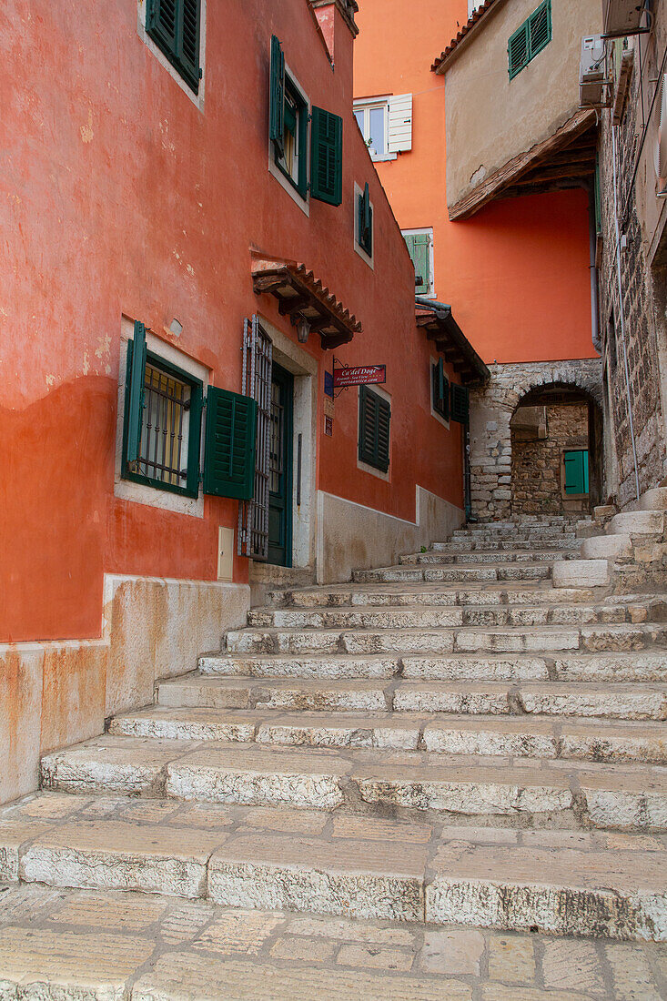 Walkway steps up to Arch, Old Town, Rovinj, Croatia, Europe