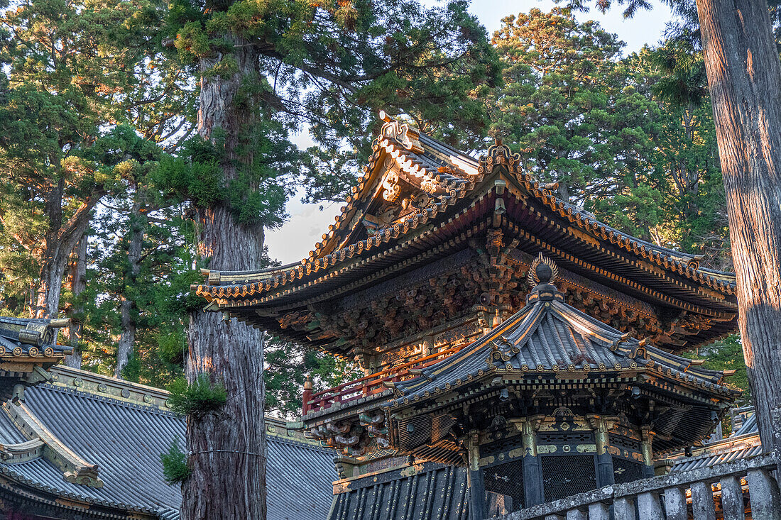 Details of a tower in the Toshogu Grand Shrine, UNESCO World Heritage Site, Nikko, Honshu, Japan, Asia