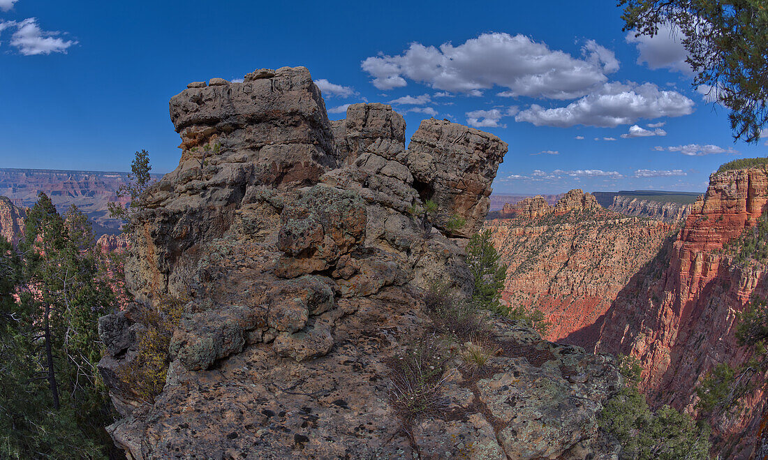 Zerklüftete Felsspitzen mit Blick auf die South Rim Gorge, ein Gebiet zwischen dem Hance Canyon und dem Sinking Ship, das sich in der Ferne rechts von der Mitte befindet, im südlichsten Teil des Grand Canyon National Park, UNESCO-Weltkulturerbe, Arizona, Vereinigte Staaten von Amerika, Nordamerika