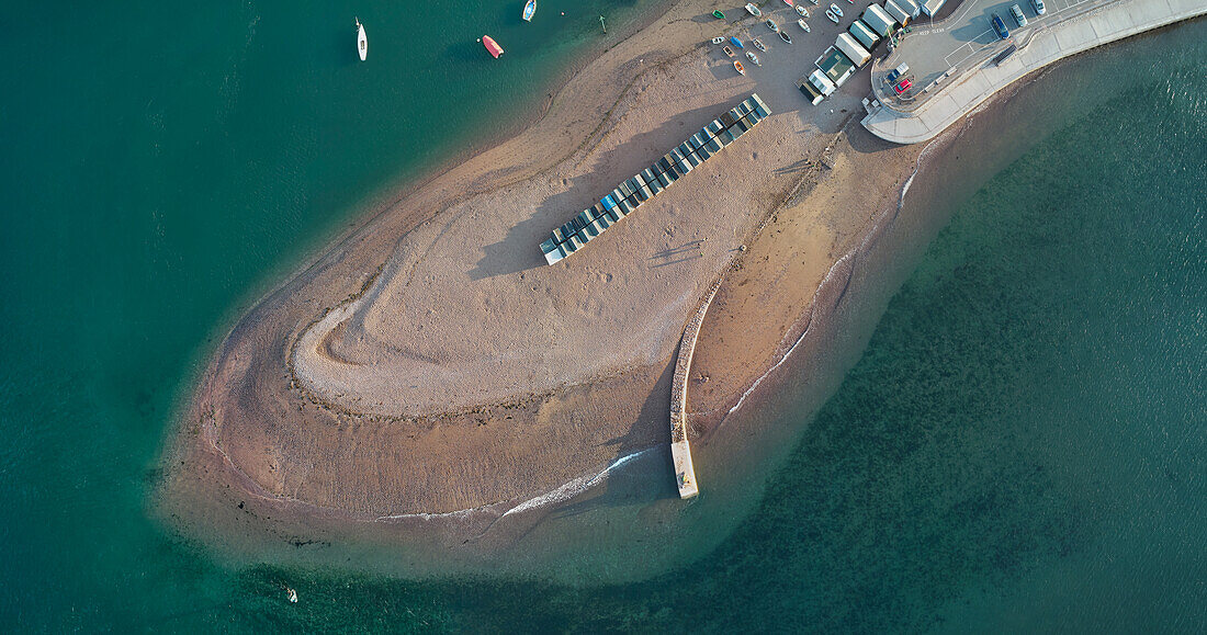 An aerial view of a sand bar at the mouth of the River Teign, Teignmouth, Devon, England, United Kingdom, Europe