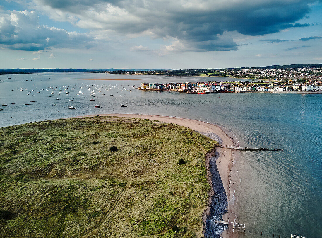 Aerial view of the mouth of the River Exe, seen from above Dawlish Warren, looking towards the town of Exmouth, Devon, England, United Kingdom, Europe