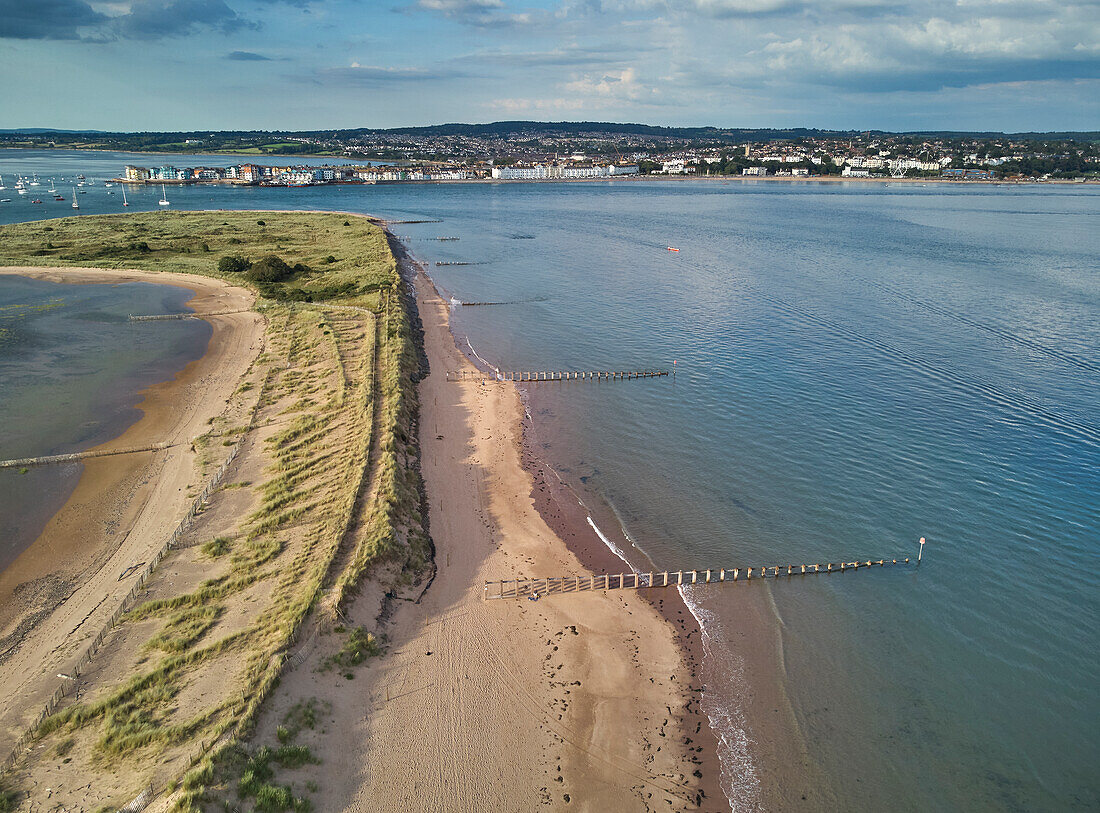 Aerial view of the mouth of the River Exe, seen from above Dawlish Warren and looking towards the town of Exmouth, Devon, England, United Kingdom, Europe