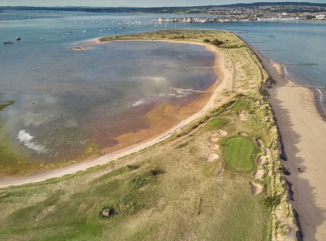 Aerial view of the mouth of the River Exe, seen from above Dawlish Warren and looking towards the town of Exmouth, Devon, England, United Kingdom, Europe