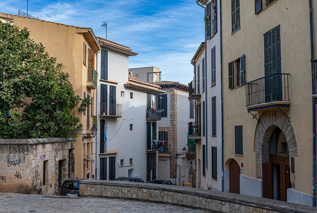 Alleyways in the historic center of Palma, Mallorca, Balearic islands, Spain, Mediterranean, Europe