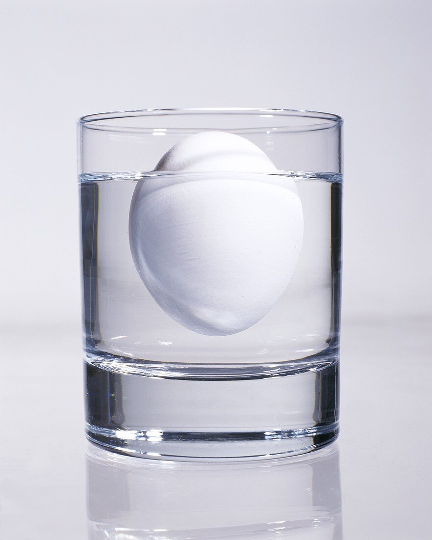 Old egg (no longer fresh) floating in glass of water