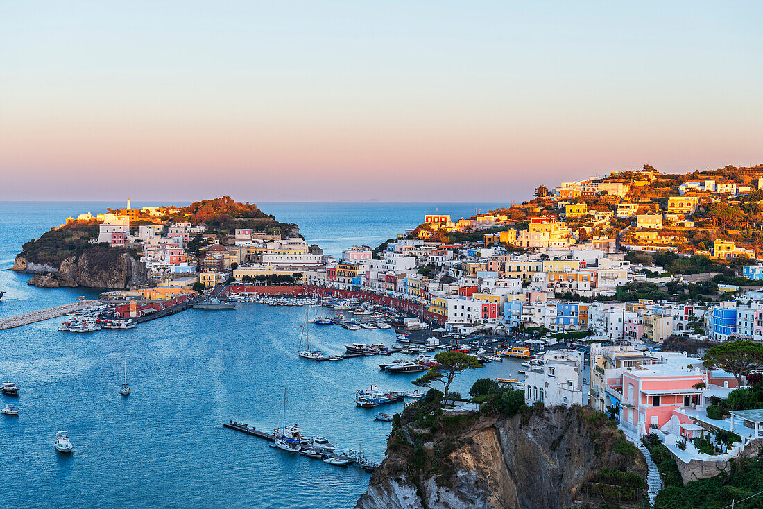 Traditional and colorful fishing town of Ponza seen from above at sunset, Pontine archipelago, Latina province, Tyrrhenian Sea, Latium (Lazio), Italy Europe