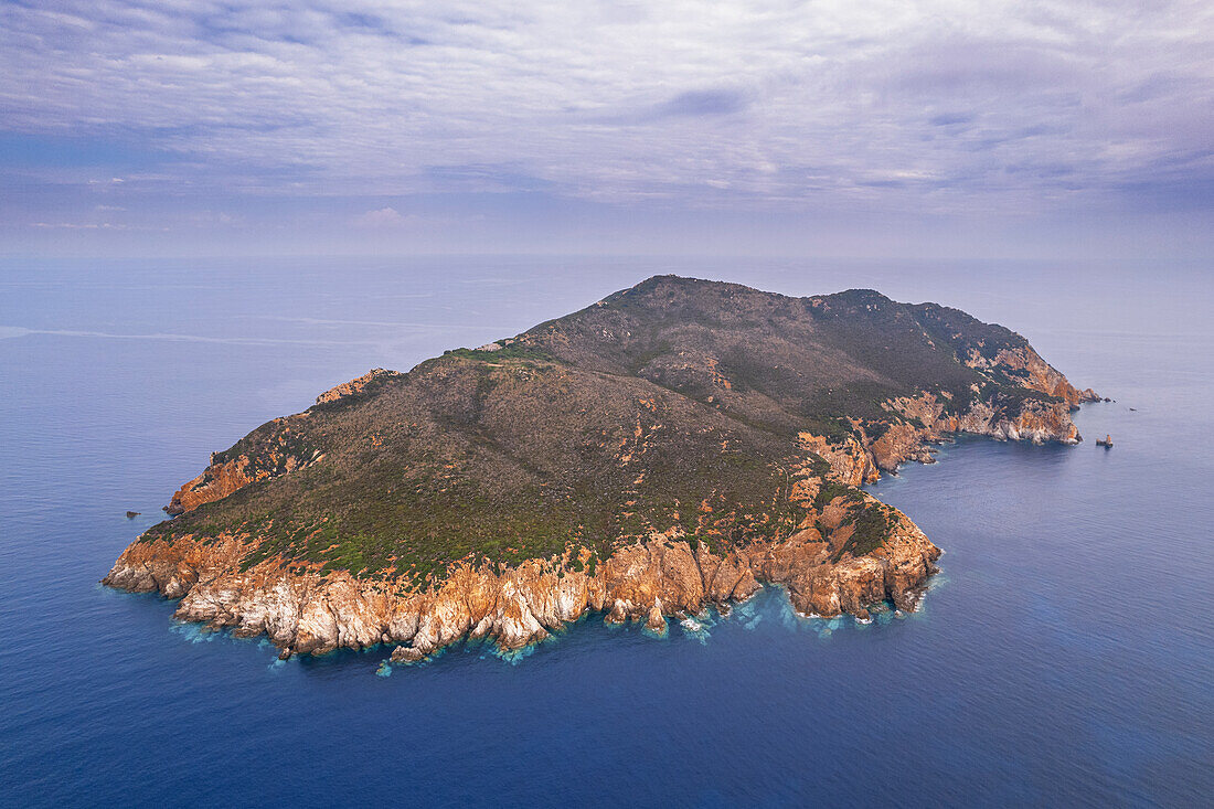 Drone view of Zannone island on a cloudy day, Zannone island, Ponza municipality, Circeo National Park, Pontine archipelago, Tyrrhenian sea, Latina province, Latium (Lazio), Italy Europe