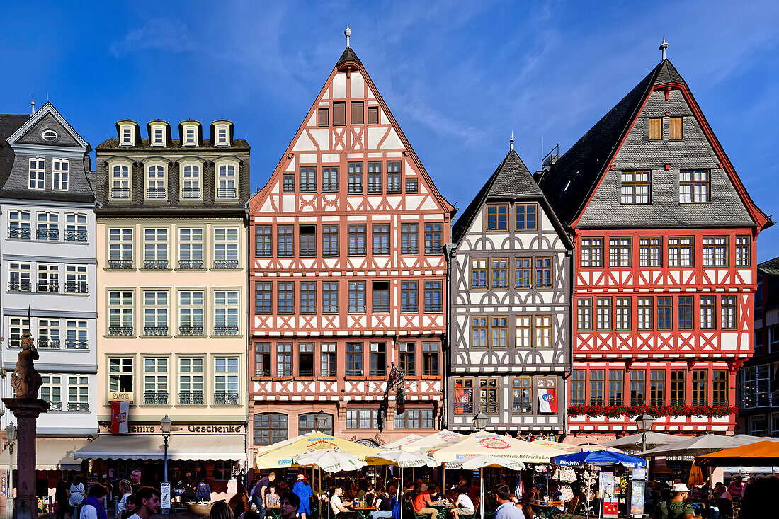 Colorful half-timbered houses in Romerberg square, Frankfurt am Main, Hesse, Germany, Europe