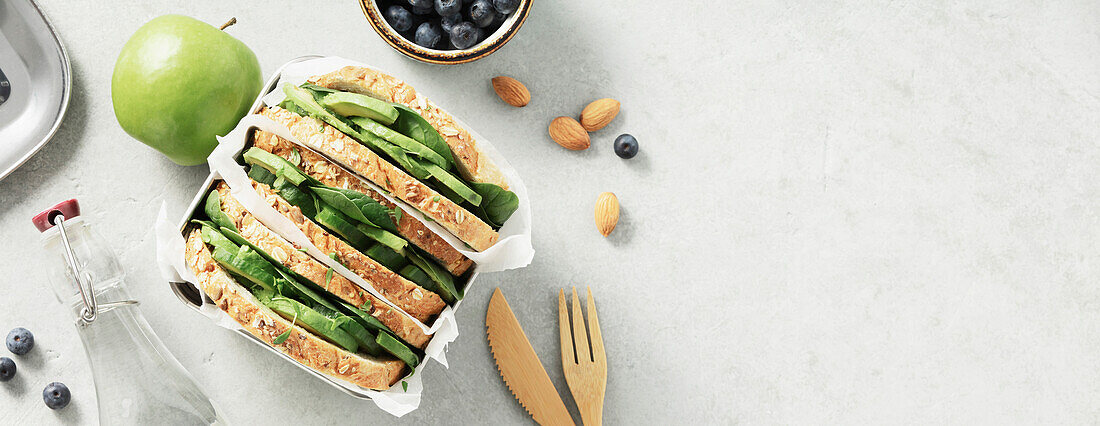 Healthy sandwich flat lay with space for your text. Vegan eating, eco friendly, zero waste concept copy space