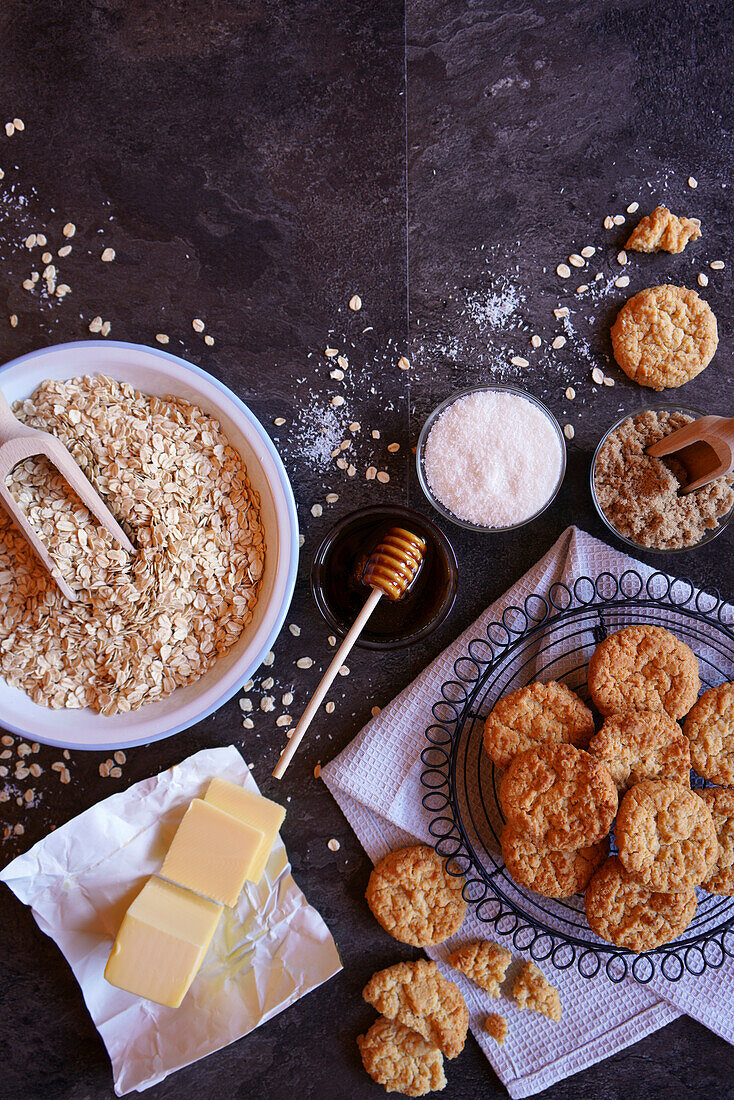 Traditional Australian Anzac biscuits made from rolled oats, coconut, golden syrup, and brown sugar.
