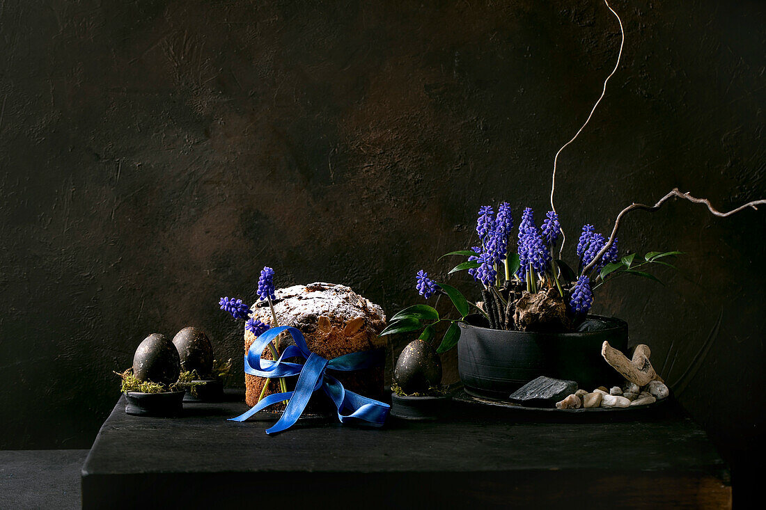 Hausgemachter traditioneller Oster-Panettone-Kuchen mit blauem Band, gefärbte schwarze Eier in Moos, blühende Muscari-Blumen auf schwarzem Holztisch. Traditionelle italienische Ostern backen, kopieren Raum