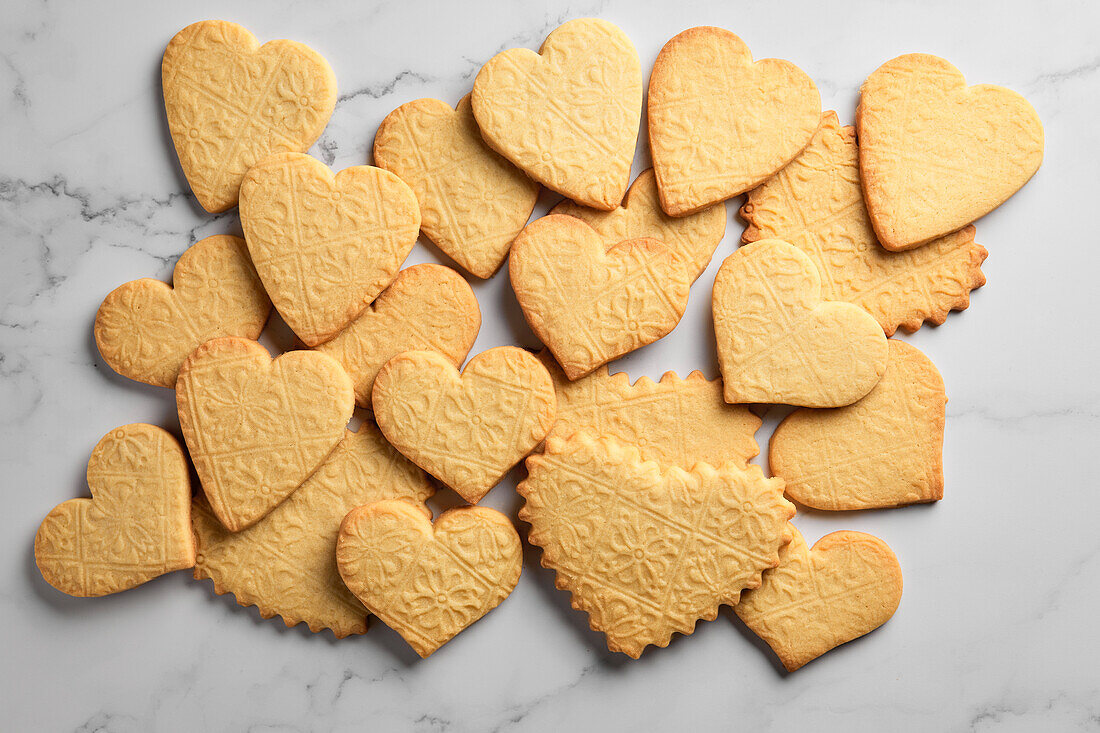 Stamped Heart Cut-Out Cookies on a Marble Background