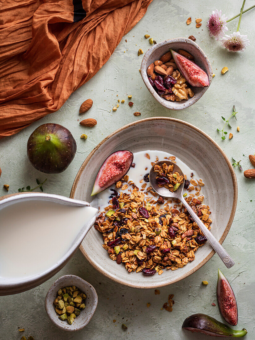 Cereal bowl with milk and figs