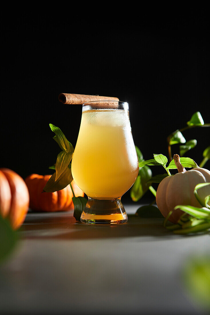Fresh Cider with Pumpkins against a dark background