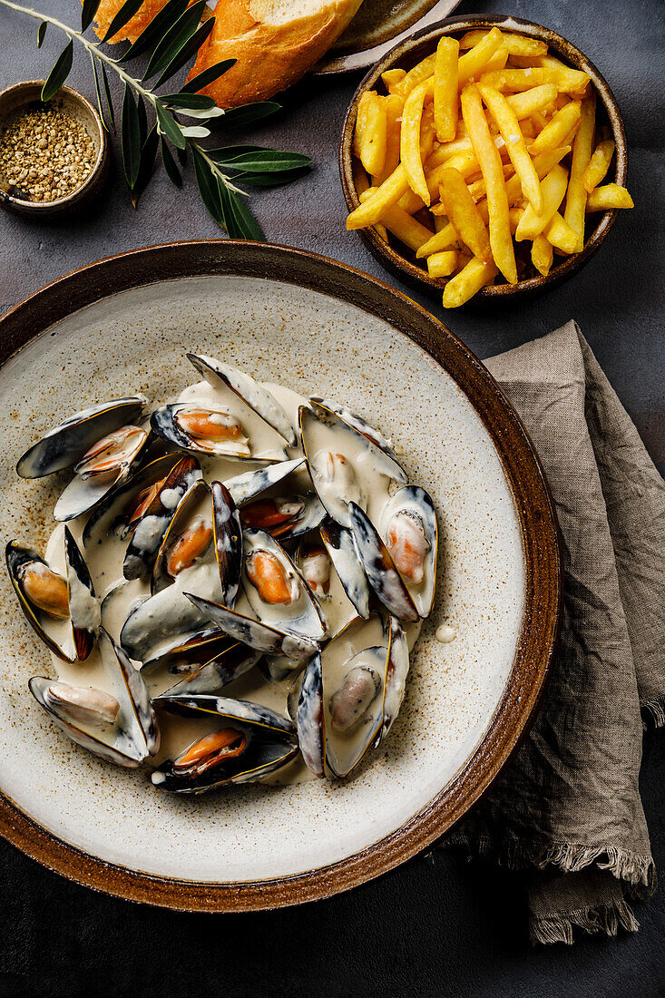 Muscheln Muscheln mit Käsesahnesauce und Pommes frites