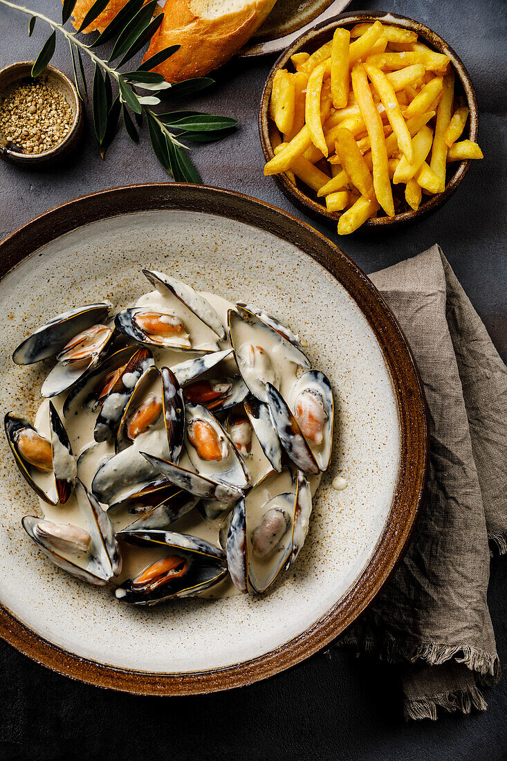 Shellfish Mussels Clams with cheese creamy sauce and French Fries