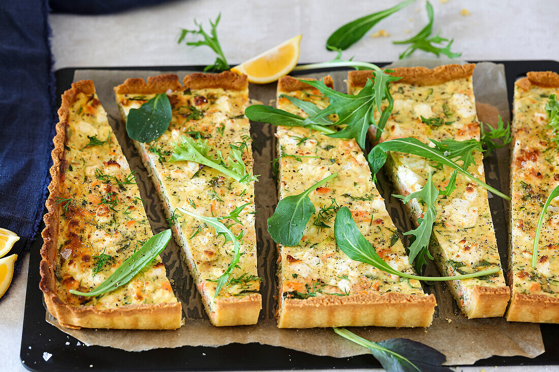 Sliced salmon and ricotta tart