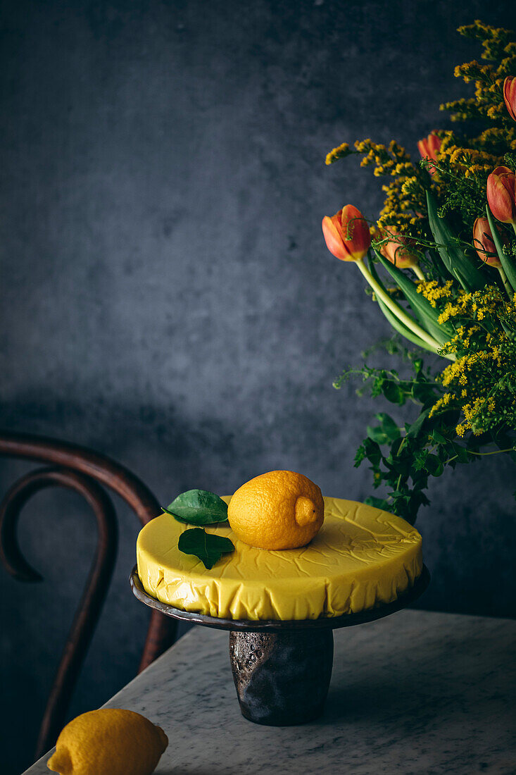 Lemon cake dessert against a dark background