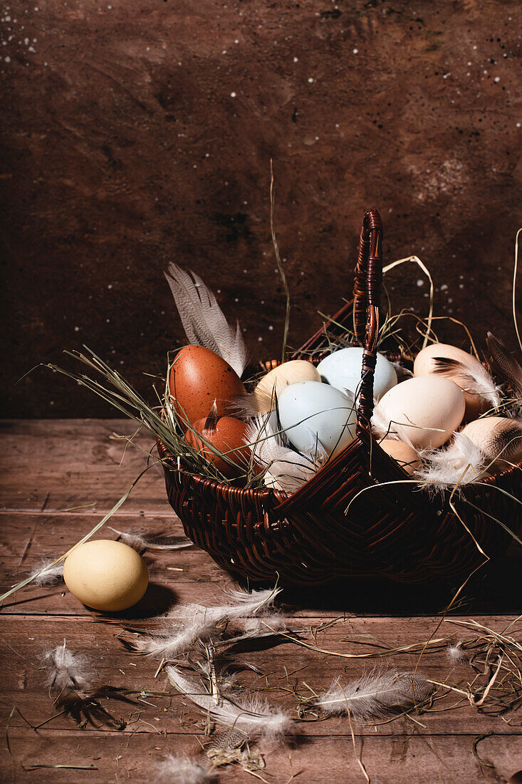 Basket with multicoloured Easter eggs