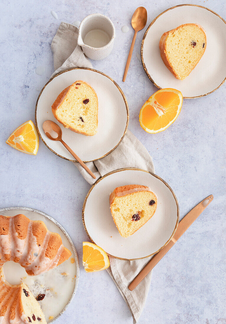 A slice of circular citrus bundt cake