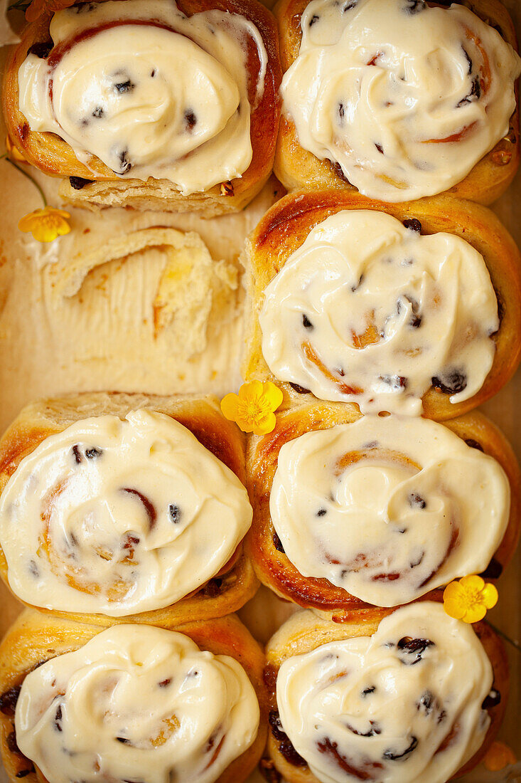 Lemon rolls, freshly baked and topped with cream cheese icing. They are ready to be pulled apart and one has already been taken