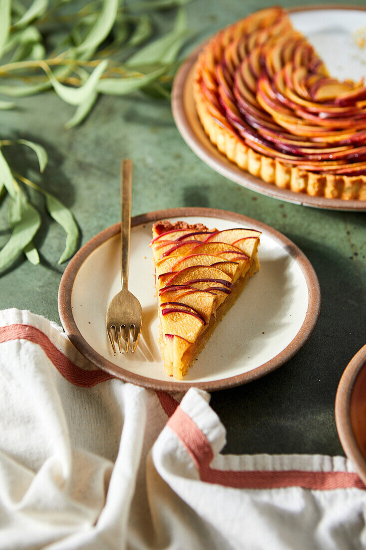 French apple tart with layered apples on a green background