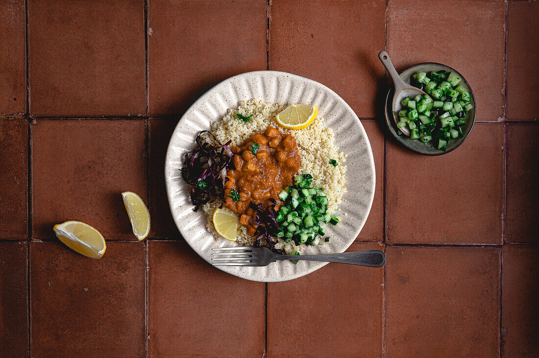 Cous cous bowl on a tiled background