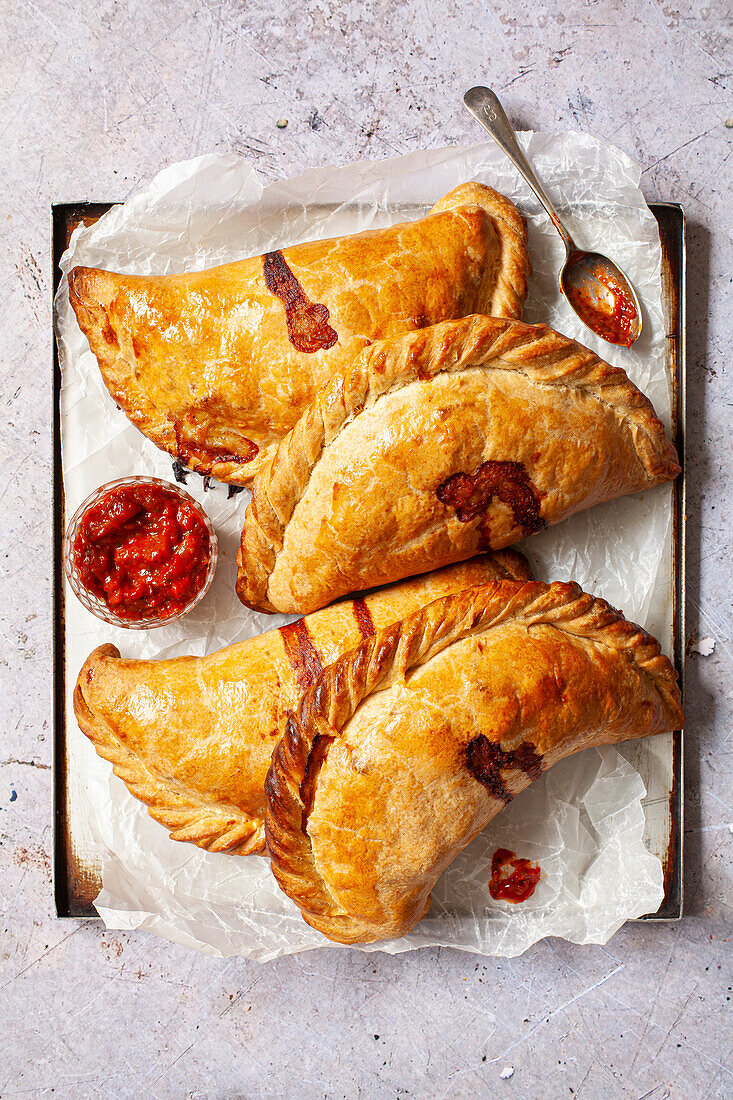 Vegetarian pies on a baking tray, next to a pot of tomato relish