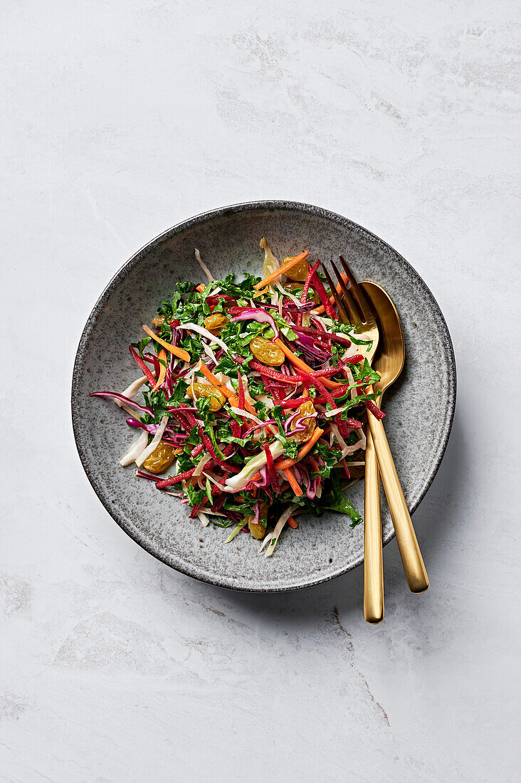 Winter slaw of kale, beetroot and fennel, pickled golden raisins, red cabbage, and spiced pear dressing