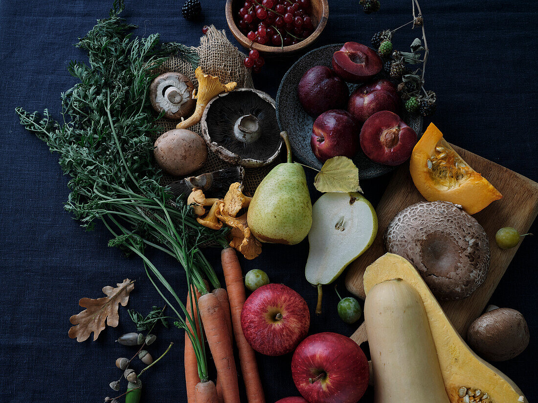 Autumnal food ingredients on a dark blue background. Flat-lay of autumn vegetables, berries and mushrooms from the local market. Vegan ingredients