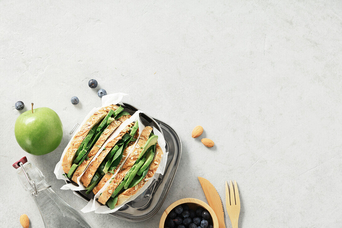 Healthy sandwich flatlay with space for your text. Vegan food, environmentally friendly, zero waste concept