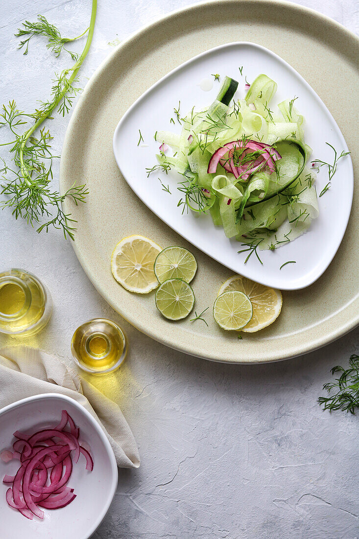 Cucumber salad with pickled red onions and fresh coriander
