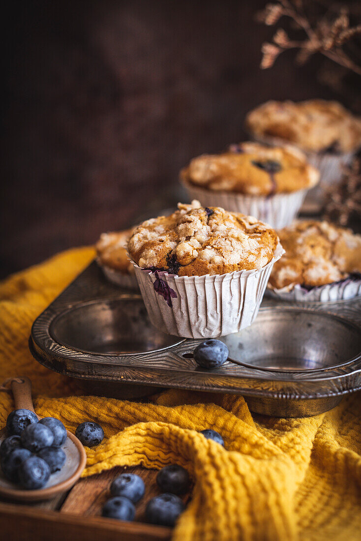 Pumpkin and blueberry muffins in a baking tray
