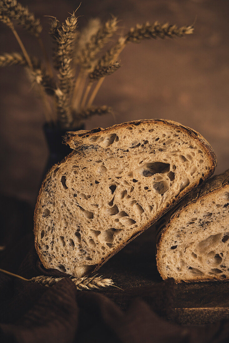 Fresh, homemade, rustic bread in a kitchen